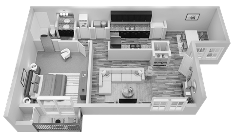 Floor plan for 1 bed, 1 bath, 764 sqft